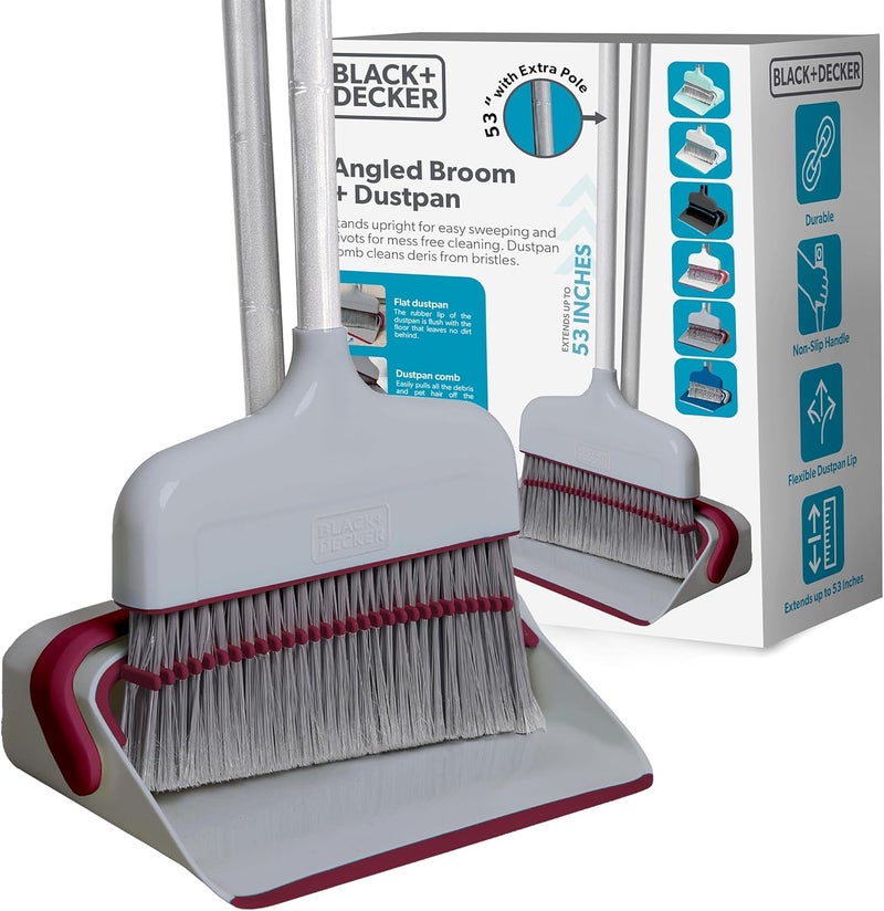 BLACK+DECKER Butler Broom & Dustpan Set - Stand-Up Design - Lightweight, Space-Saving Combo for Kitchen, Living Room, Bathroom, Lobby Floors - Home Cleaning Essential, Light Gray/Burgundy - Image 1